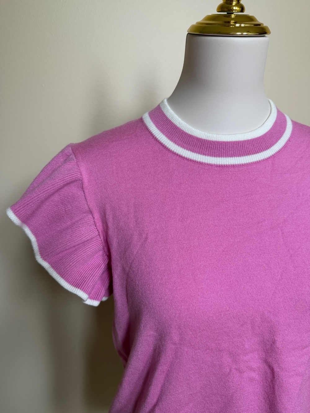 THML Pink Flutter Sleeve Sweater Top Striped Trim Knit Blouse Size M - Picture 3 of 7